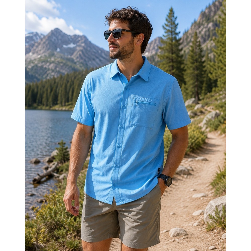 Cotopaxi Mens Blue Grid Short Sleeve Snap Button Down Shirt Large Zipper Pocket